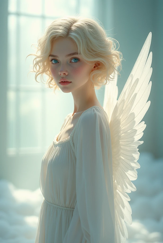 a angel, short curly blonde hair, ice blue eyes, pale skin, short and skinny