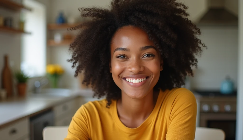 A picture of happy beautiful black woman smiling , is sitting in the left side of photo,on kitchen table,