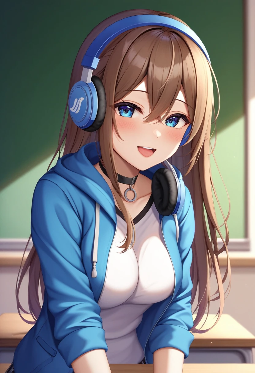 (Highest quality, 4K, 8k, High resolution, masterpiece:1.2), Very detailed, Picturesque, Animated Photography, Photo Animation:1.37)、Japanese girl、(Brown Hair)、(Medium Long Hair)、uniform、White shirt、Yellow-green checkered skirt、Navy blue jacket、Black choker、Blue headphones around the neck、classroom、Nakano Miku