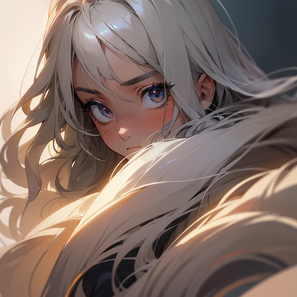 Beautiful adult girl, Long wavy gray hair, big gray eyes, frightened facial expression, Long eyelashes, a lot of decorations, jewelry, closed clothing, , shine, tanned skin, Complacency, confidence, bright background, beautiful collected hairstyle, anxiety, in the frame a man&#39;s hand reaches out to a girl&#39;s face