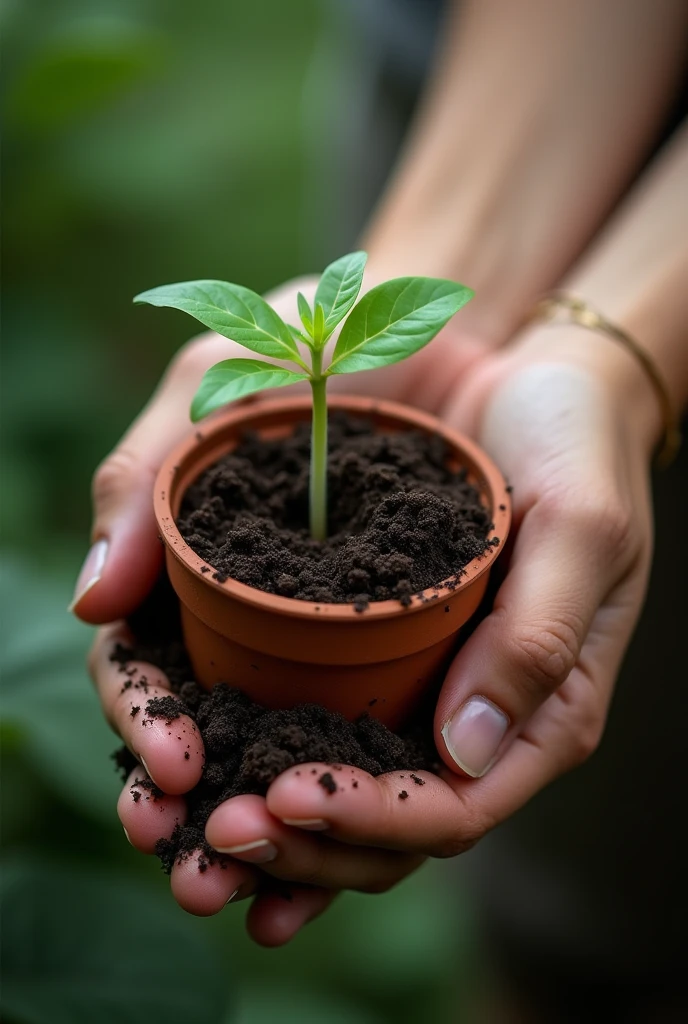 Picture of my hand I'm holding a soil with plant back pov
