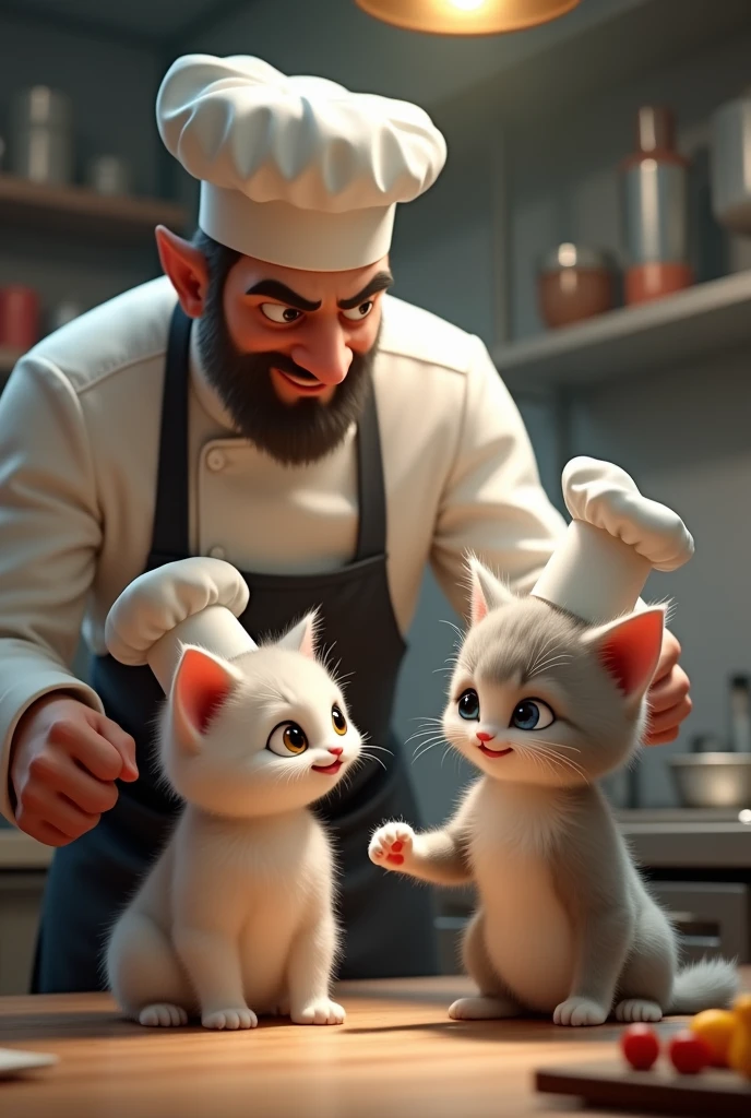 The white and grey kitten, dressed in a tiny chef’s hat The main human chef, a tall and experienced figure, tastes the dish and immediately realizes something is wrong. His expression turns stern as he calls the kitten over. The kitten approaches with hopeful eyes, but his ears droop as the chef points out the mistake. The atmosphere in the kitchen becomes tense as the kitten realizes his error.