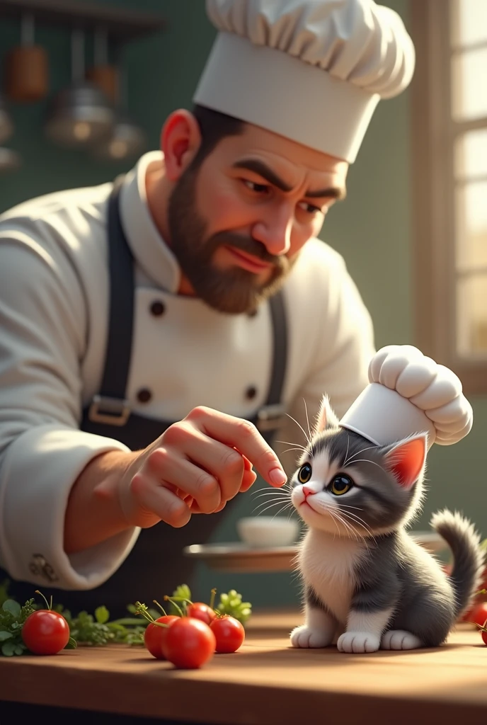 The white and grey kitten, dressed in a tiny chef’s hat The main human chef, a tall and experienced figure, tastes the dish and immediately realizes something is wrong. His expression turns stern as he calls the kitten over. The kitten approaches with hopeful eyes, but his ears droop as the chef points out the mistake. The atmosphere in the kitchen becomes tense as the kitten realizes his error.