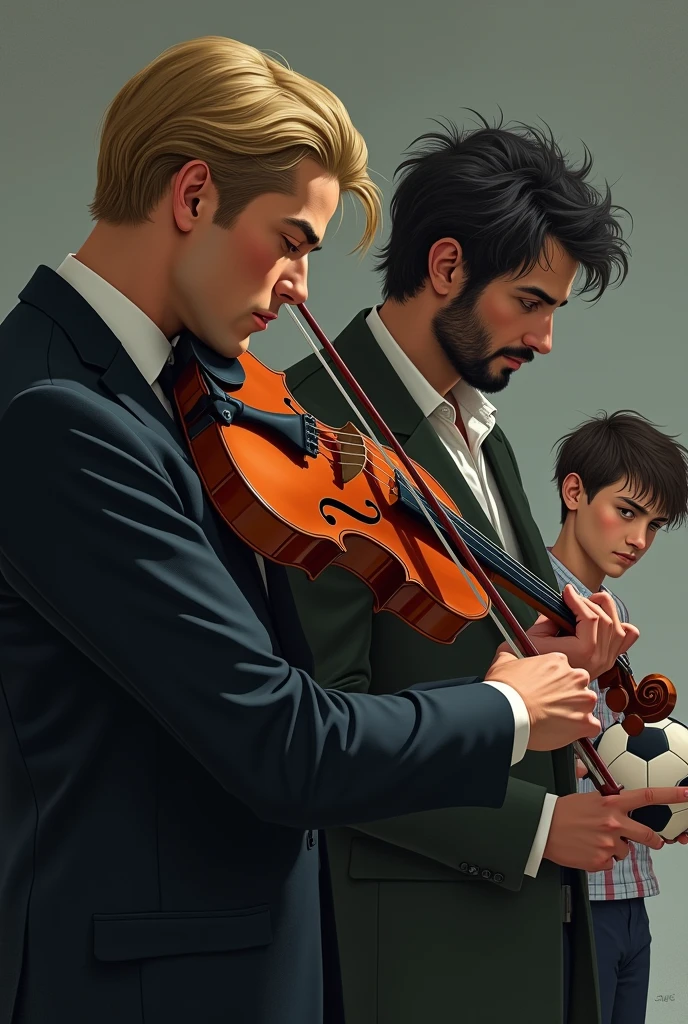 I need you to create an image of three men. The first of them, He is a 35 year old man, black suit dress, blond and very handsome, He is also playing a violin. The second man is a tormented writer with black hair and a messy beard., He carries a notebook with him, which he holds tightly. The third is a 17-year-old male teenager, has long hair, a football shirt and holding a ball with great joy and excitement.