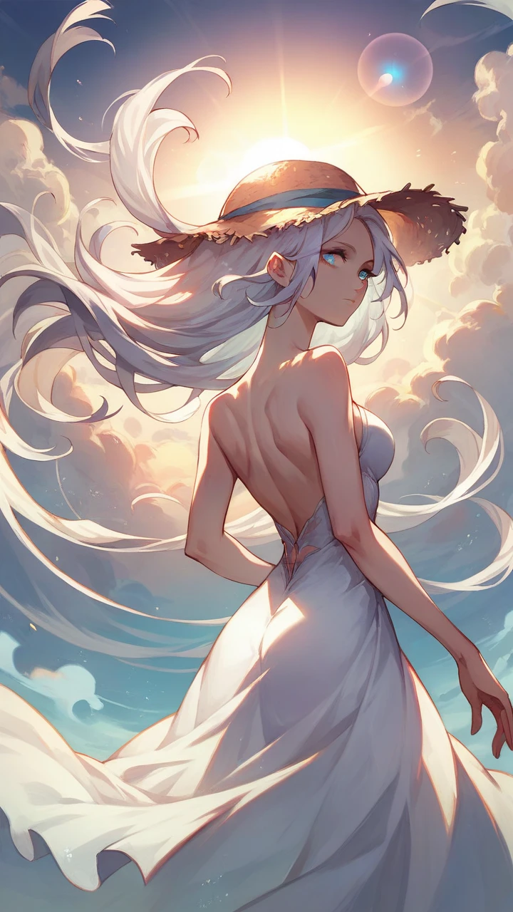 1 girl, work of art, extremely detaild, (beautiful detailed glowing), Lens flare, White hair, shorth hair, floating hair, looking back, back to back, ssmile, blue colored eyes, white gown, medium breasts, trunk, wide plan, straw hat, ((Salar de house)), rise sun, clouds, backlight, purple sky, yellow sky, gradient sky, hands on hat