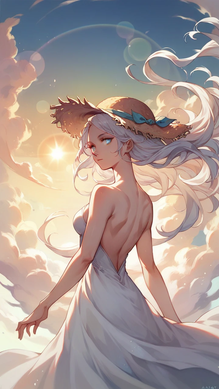 1 girl, work of art, extremely detaild, (beautiful detailed glowing), Lens flare, White hair, shorth hair, floating hair, looking back, back to back, ssmile, blue colored eyes, white gown, medium breasts, trunk, wide plan, straw hat, ((Salar de house)), rise sun, clouds, backlight, purple sky, yellow sky, gradient sky, hands on hat