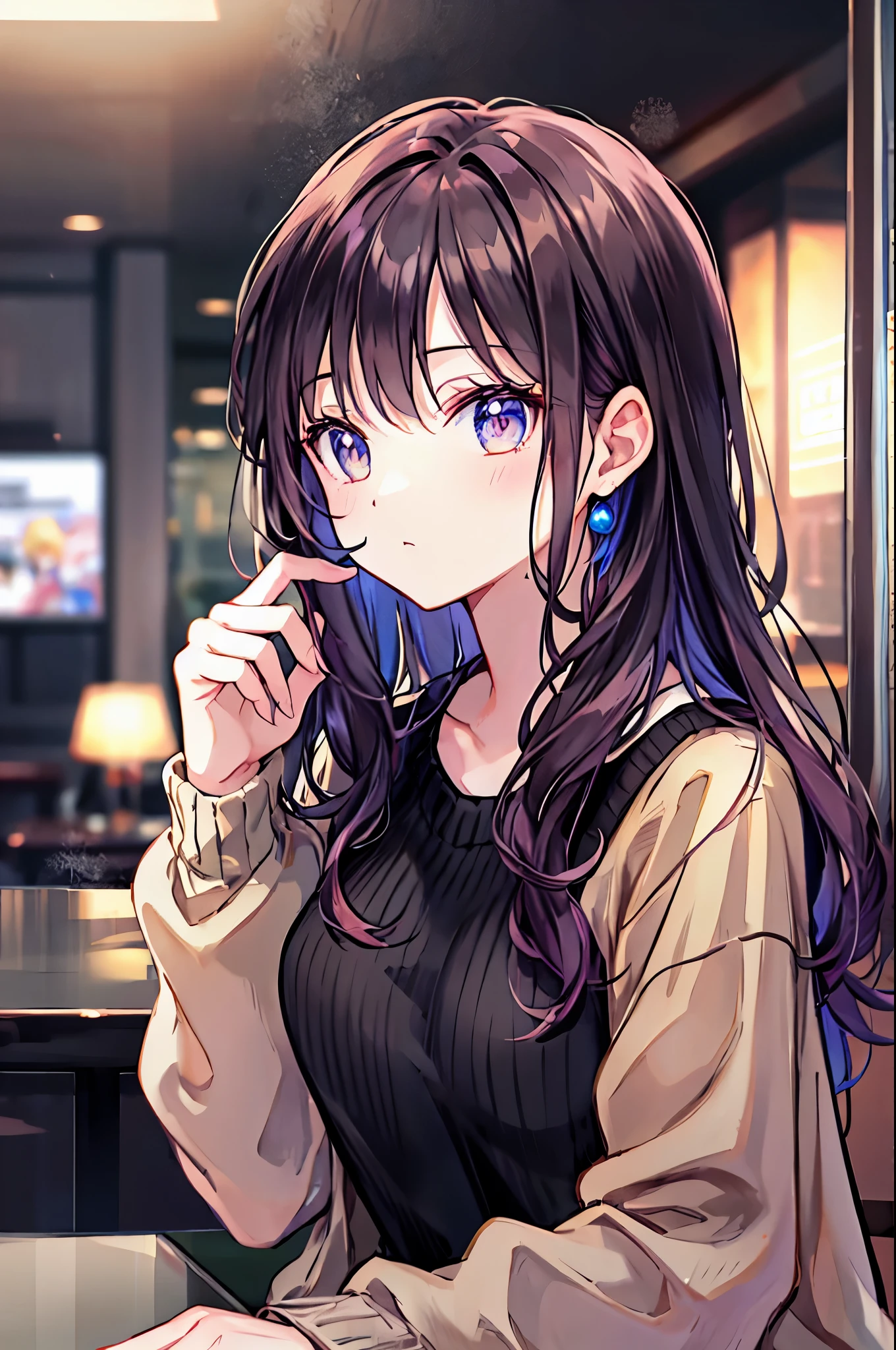 Long black hair beauty,Wearing a black sweater,sit at a table in a fancy cafe(Indifferent expression 1.5)(The background is a high-end cafe:1.5),Anime Style 4k,anime rendering,Anime Style,8K Definition,(Upper body display:1.5)(Cinema Lighting:1.5)Middle-aged women 1.5,Brown Hair,Shortcuts,Messy Hair,Slender beauty,Small chest,Beautiful feet,,