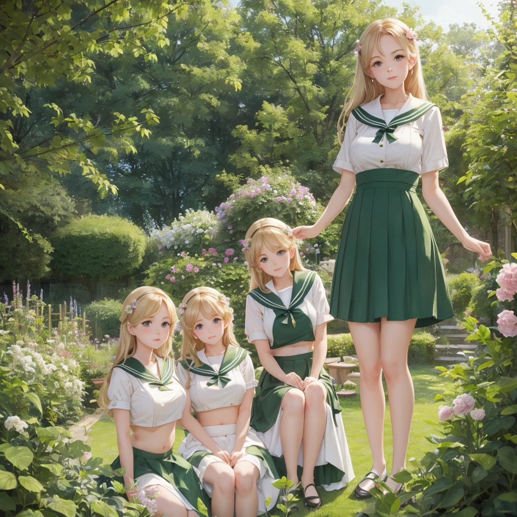 3 girls, organize , long hair, Large Breasts , blush, blond, Green eyes, Sailor suit cropped top，1933 style，cute and beautiful girl，1，In the garden，Beautiful long legs，High resolution, best quality, masterpiece, Lift up skirt, lift up top to expose belly button