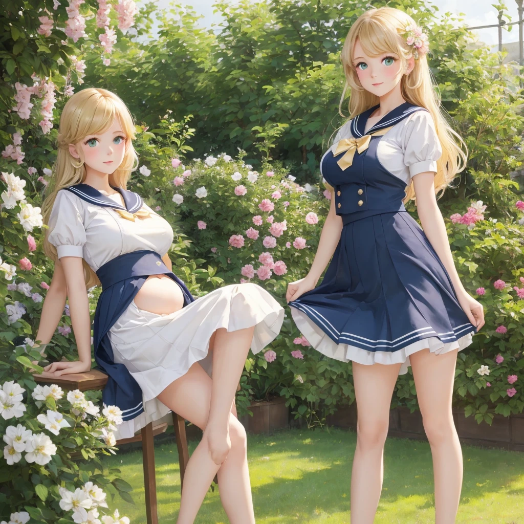 3 girls, organize , long hair, Large Breasts , blush, blond, Green eyes, Sailor suit cropped top,1933 style,cute and beautiful girl,1,In the garden,Beautiful long legs,High resolution, best quality, masterpiece, Lift up skirt, lift up top to expose belly button