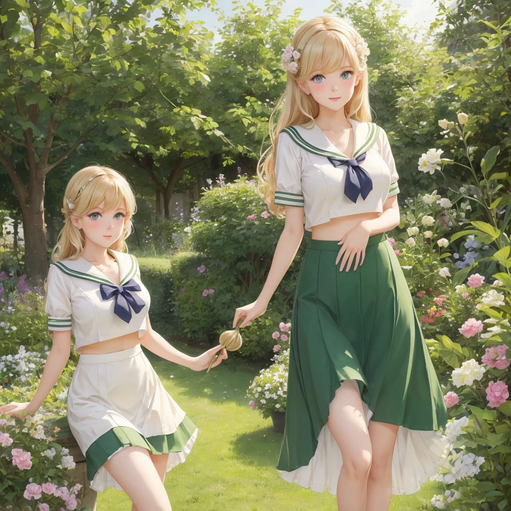 3 girls, organize , long hair, Large Breasts , blush, blond, Green eyes, Sailor suit cropped top,1933 style,cute and beautiful girl,1,In the garden,Beautiful long legs,High resolution, best quality, masterpiece, Lift up skirt, lift up top to expose belly button