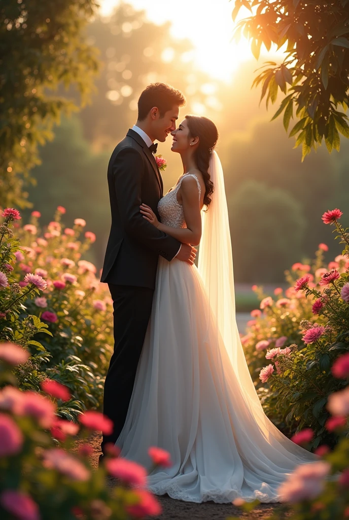 A romantic couple in a beautiful garden, bride and groom in elegant white wedding dress and tuxedo, glowing sunlight, lush greenery, blooming flowers, soft focus, highly detailed, photorealistic, 8K, HDR, dramatic lighting, cinematic, warm color palette, magical, ethereal, dreamlike