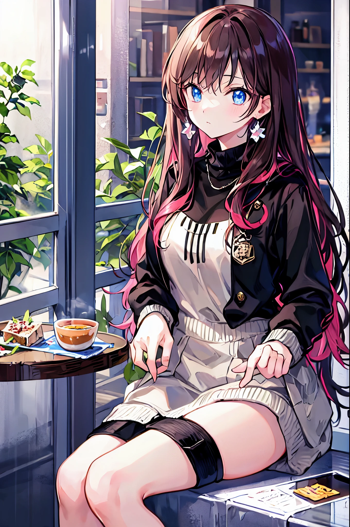 Long black hair beauty，Wearing a black sweater，sit at a table in a fancy cafe（Indifferent expression 1.5）（The background is a high-end cafe：1.5），Anime Style 4k，anime rendering，Anime Style，8K Definition，（Upper body display：1.5）（Cinema Lighting：1.5）Middle-aged women 1.5，Brown Hair，Shortcuts，Messy Hair，Slender beauty，Small chest，Beautiful feet，，