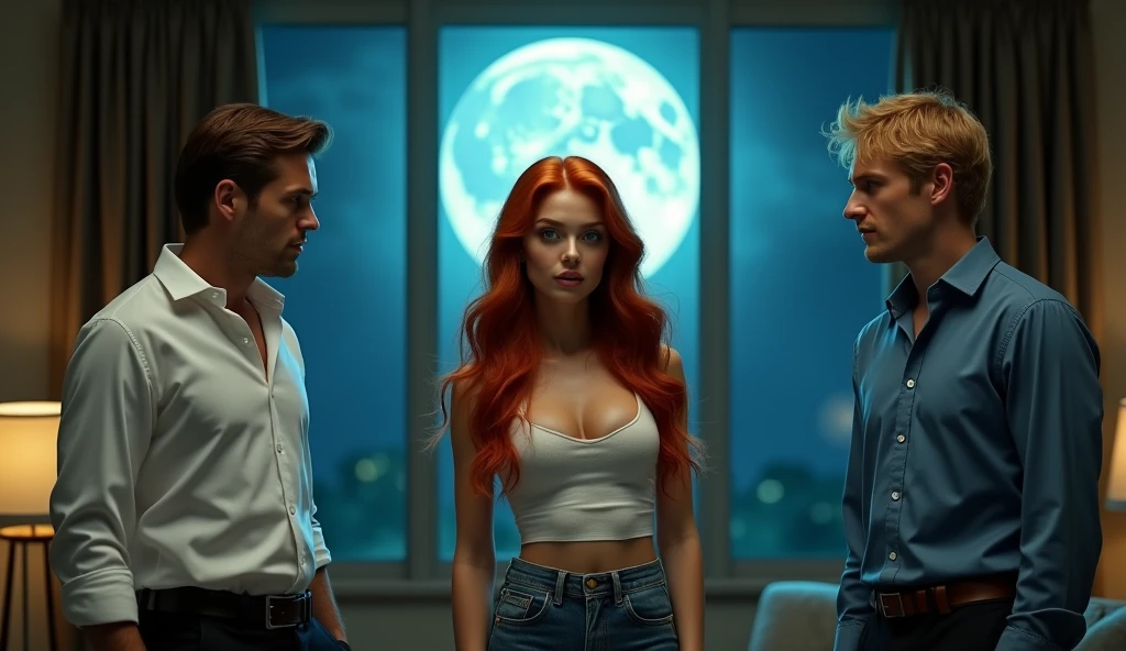 posing in the room , 30 year old redhead, making a gesture , large blue eyes, high cheeks, well defined jawline, big eyebrows , (ashen hair) . sexy look, (full body photo ), 4K, detailded, and two men beside him arguing , they are 2, man 1 has brown hair and man 2 has blond hair, both fair skin, man 1 has brown eyes man 2 has green eyes, man 1 is wearing a white dress shirt and black pants man 2 is wearing a blue shirt. large window in the background with a giant moon. 8k, ultra HD, ambiente detailded
