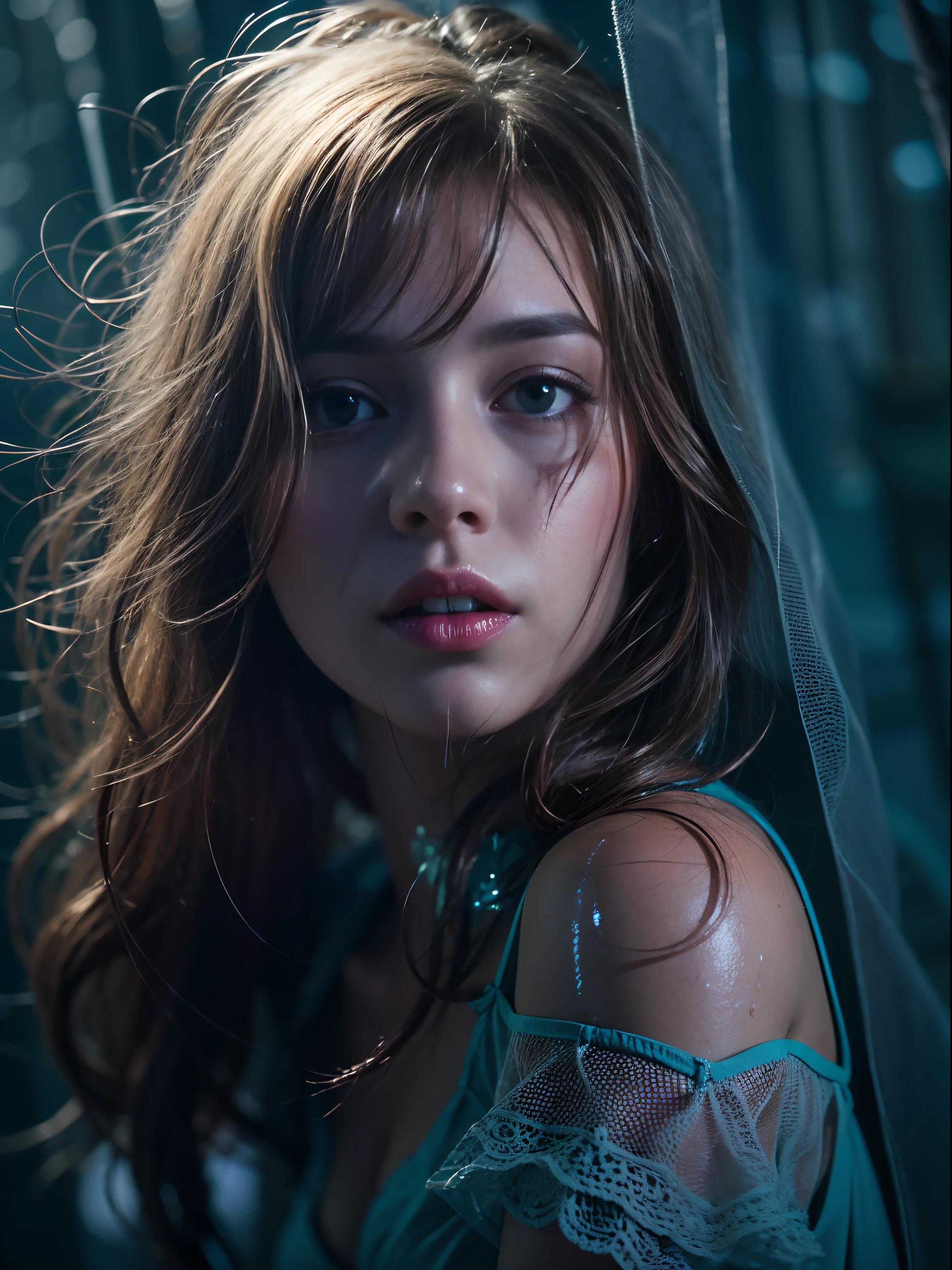 a very cute red-haired Danish girl with messy long hair, sitting in the dark bedroom, beautiful eyes, unique face, natural skin, Open poses, wears a transparent, soft blue lace dress, Wet, detailed face and eyes, perfect object, Rain outside, cinematic dark light, FotoWettbewerb Komposition, analog film photo color, ultra-realistic photography, very wide full body view, aesthetic atmosphere, dramatic, Rays Shadows, Sigma 24mm f1.8 lens, 8k, High resolution, extremely detailed, ultra HD, depth of field
