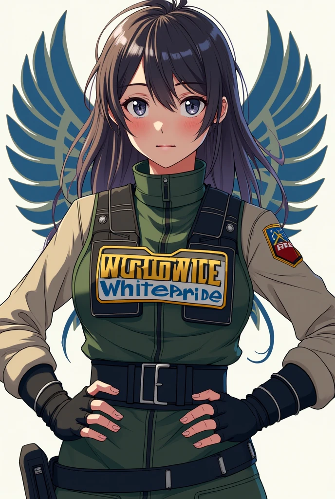 Anime girl militaire avec un patch World wide white pride écrit en gros sur son gilet par balle , et derrière elle le logo du régiment azov