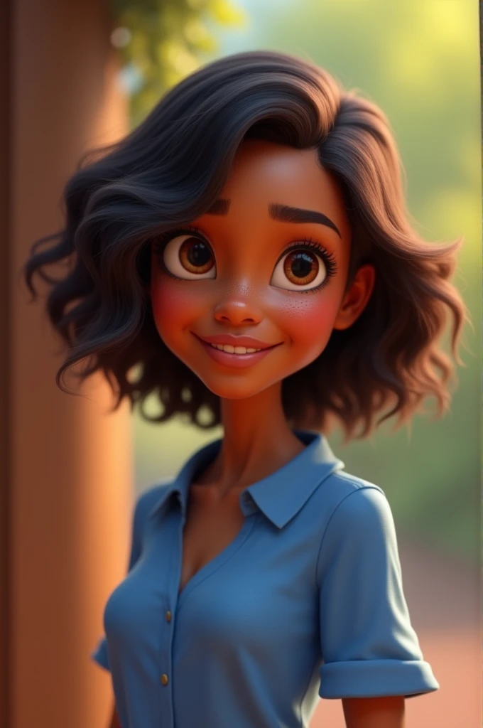 Make one from Disney Pixar, she is brown, her eyes are a little big, light brown, short hair down to her neck, wavy type 2c, and her blouse is blue.