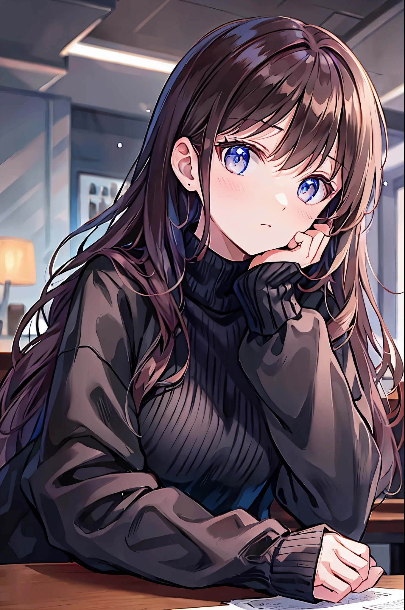 Long black hair beauty,Wearing a black sweater,sit at a table in a fancy cafe(Indifferent expression 1.5)(The background is a high-end cafe:1.5),Anime Style 4k,anime rendering,Anime Style,8K Definition,(Upper body display:1.5)(Cinema Lighting:1.5)Middle-aged women 1.5,Brown Hair,Shortcuts,Messy Hair,Slender beauty,Small chest,Beautiful feet,,