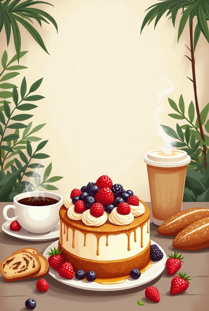 Cake shop coffee shop poster、The name of the shop is on the poster: Su Mei Bakery Soulmate. There is a cake on the poster.、bread、Coffee elements，
The background theme color of the store is cream white、With green plants、Walnut table and chairs
