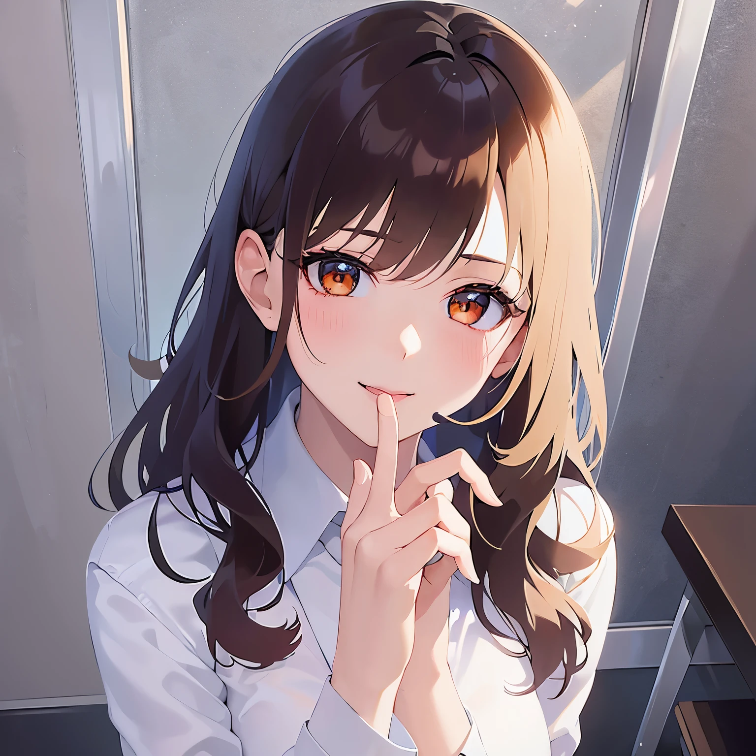 （looking at viewer:1.5）Upper Body, Shooting from above,head tilt,（finger to mouth：1.2）、5 biologically correct fingers、
Realistic, real person, (pale skin: 1.2), RAW photo, photorealistic, shiny skin, shiny hair、(A 25-year-old woman with medium-length hair and bangs) and (wavy hair) and (brown hair) and (orange eyes) ,
(Wearing a business suit:1.5) and (Wearing a white collared shirt)、
Cleavage、(blush:1.2),smile,The background is the conference room、(alone:1.5)