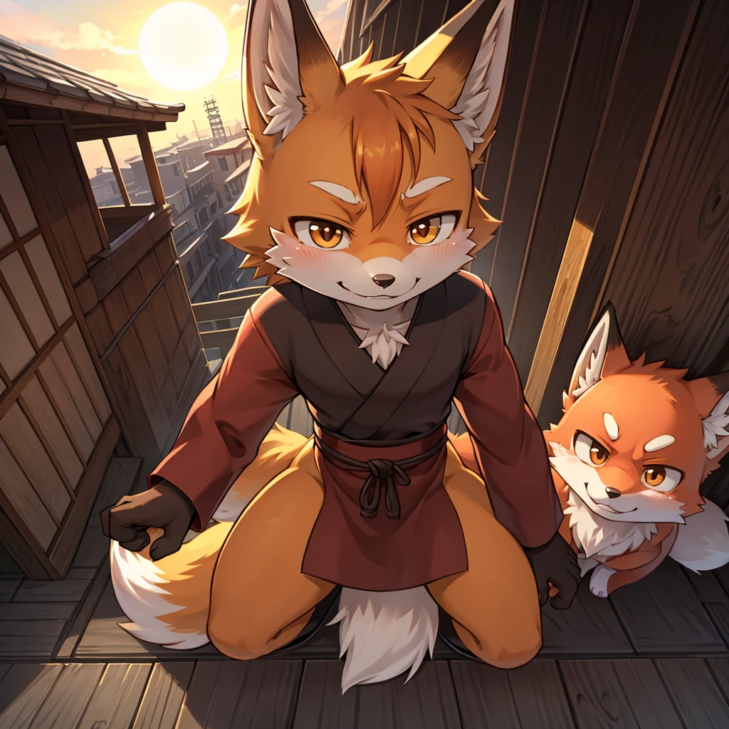 The decisive moment , Japanese ninja anime , Extreme Perspective , Fox Mask , I'm disappointed and sad, and what's wrong? Where are you, smiling like the sun?