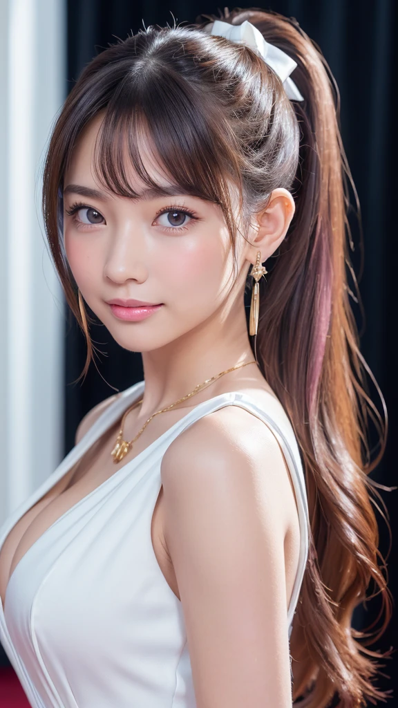 ((Highest quality)), ((masterpiece)), (detailed), (high ponytail), (Blonde), (Beautiful well-groomed girl:1.3), (ribbon:1.22), (pointy breasts:1.3), gold earrings,  neckless, white dress, (shiny white skin), (Blushed:1.4), Flushed face, portrait, from side, looking back,  (Shy laugh:1.1), Half-open mouth, Shiny skin、Thin eyebrows,  girl,独奏,highly detailed beautiful face and eyes, red carpet
