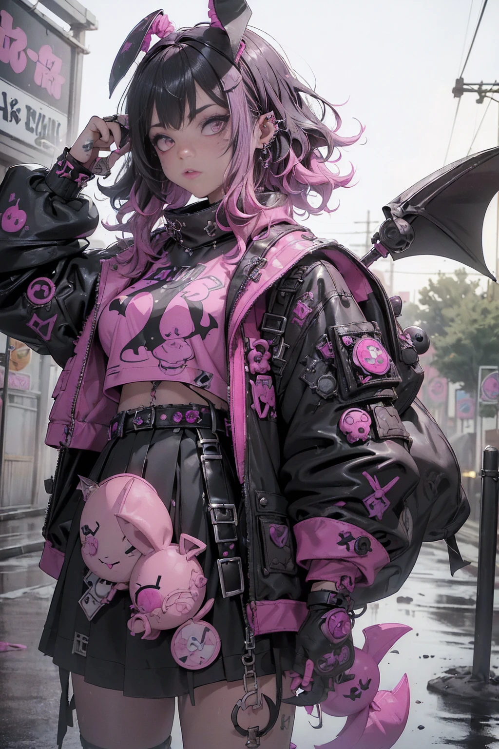 (Highest quality、8k、32K、masterpiece、Hmph:1.3)、(Photorealistic:1.4),(Shoot from the front,View your viewers:1.5)、((18-year-old punk girl,Unusual punk hair:1.3)),((Pink and black punk fashion:1.5)),(Stuffed rabbit:1.5)Studded clothing、((With a bloody bat in his right hand:1.5))、((Black backpack on the back))、(Bright black and pink hair:1.5),Wacky makeup、、Dark Background、A desolate town soaked in rain、Black garbage bags scattered around,Puddles on the road、(Cinema Lighting)、Written boundary depth,Blurred Background、Inner Color、Curly hair、Glamorous Body,Stylish clothes,Backlight,Shiny Hair,Dynamic Pose,