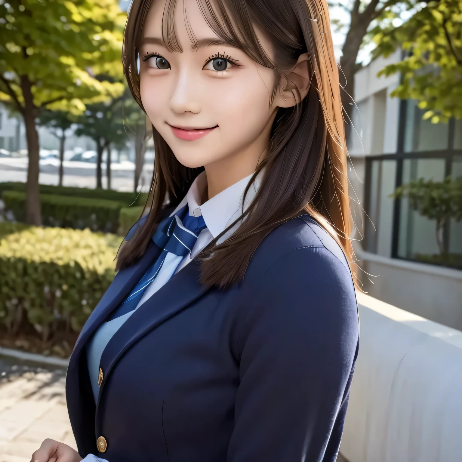((Highest quality)), ((masterpiece)), (detailed), One person, high school student、Wearing a uniform、Holding a cat、smile、Dress shirt、tie、blazer、school uniform、Outdoor、
