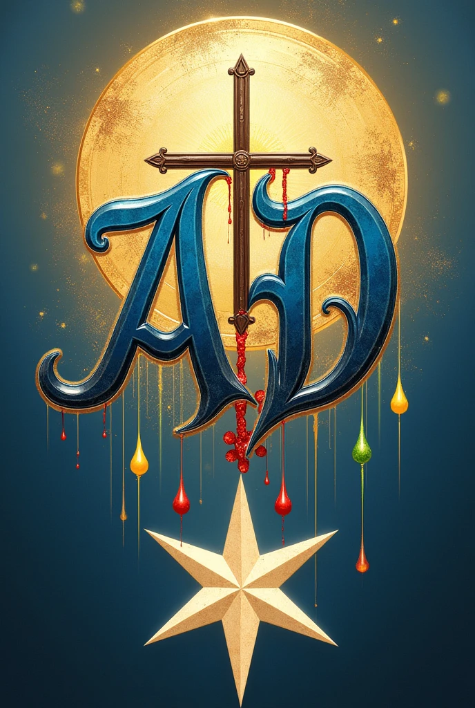 I want a capital A and a D in elegant cursive Blue color with a golden angel halo In the background a cross made up of two nails from which blood runs and a drop of yellow, one of red and one of green falls And at the base of the cross there is an eight-pointed white star 