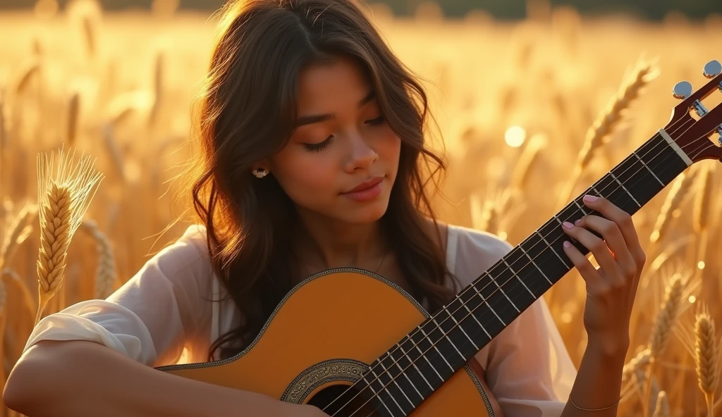 ((best quality)), ((masterpiece)), (detail), perfect face, close-up photo of a young Latina woman playing guitar in a barley field, sparkling and magical light, surreal photo, 8k, ultra high resolution, sharp face