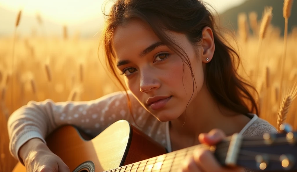 ((best quality)), ((masterpiece)), (detail), perfect face, close-up photo of a young Latina woman playing guitar in a barley field, sparkling and magical light, surreal photo, 8k, ultra high resolution, sharp face