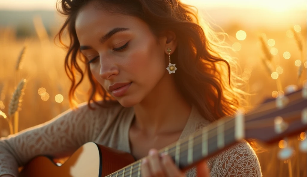 ((best quality)), ((masterpiece)), (detail), perfect face, close-up photo of a young Latina woman playing guitar in a barley field, sparkling and magical light, surreal photo, 8k, ultra high resolution, sharp face