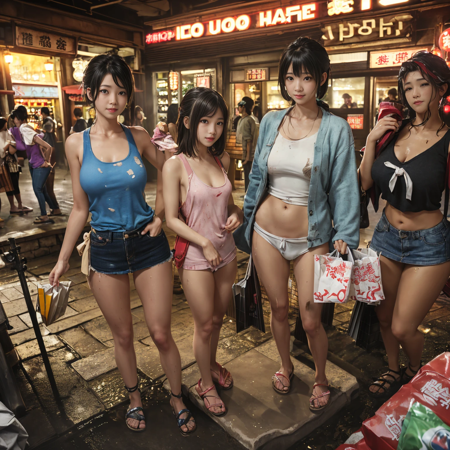 
((masterpiece、Highest quality))、Beautiful girls gather.、Three girls in summer clothes、((Showa Retro:1.2、Hot Spring Town、Hot spring facilities、Special baths))、(Detailed and cute face:1.3、Tank top、mini skirt)、(Poor conditions、smile、Japan's poor neighborhoods、Dim and unsanitary、Standing Bar、みんなで楽しくdiet、Crumbling underground shopping mall:1.3)、屋台のdiet店、stage、sewage、Dirty shop、street vendors、Unsanitary and abandoned city、smile、diet、Poor person々