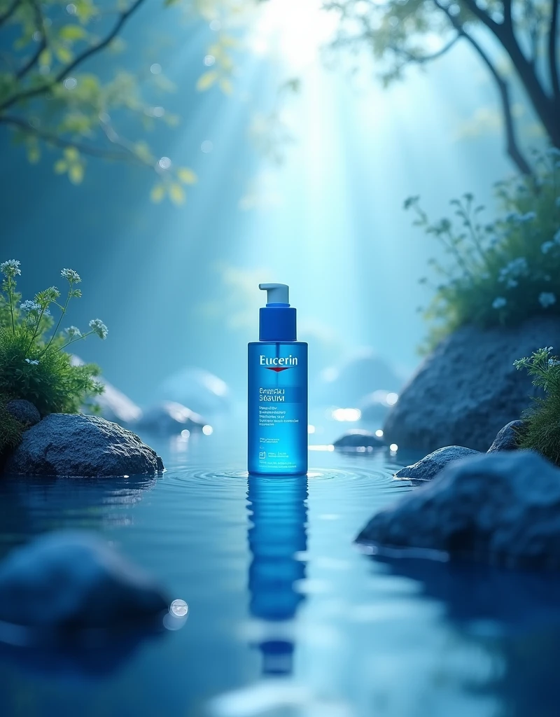 Eucerin brand blue serum in blue nature with a radiant light