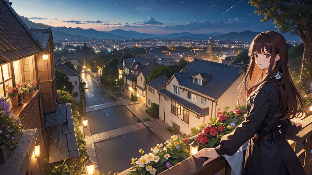 masterpiece,Highest quality,One person,Hair color is brown,semi-long, Kind eyes,Gradient Hair,countryside,Cityscape,Flowers and plants,night空,scenery,night,Light perception,one piece