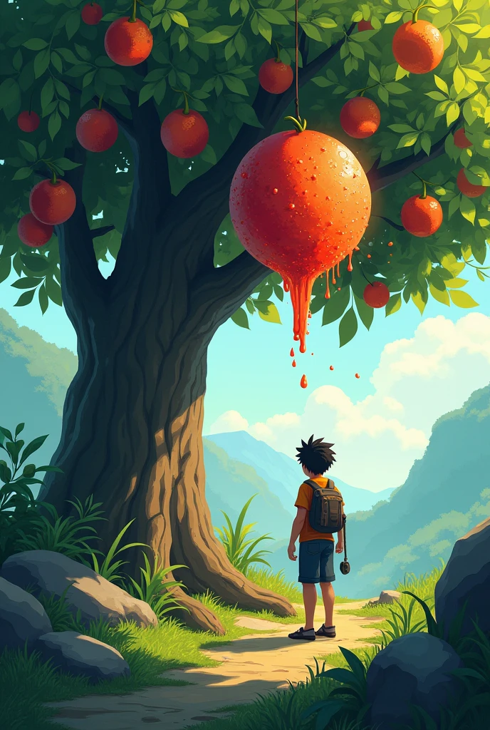 Kura separates from his group, exploring a tree with fruits. While doing so, accidentally drops a rock that crushes a fruit, releasing its pulp.