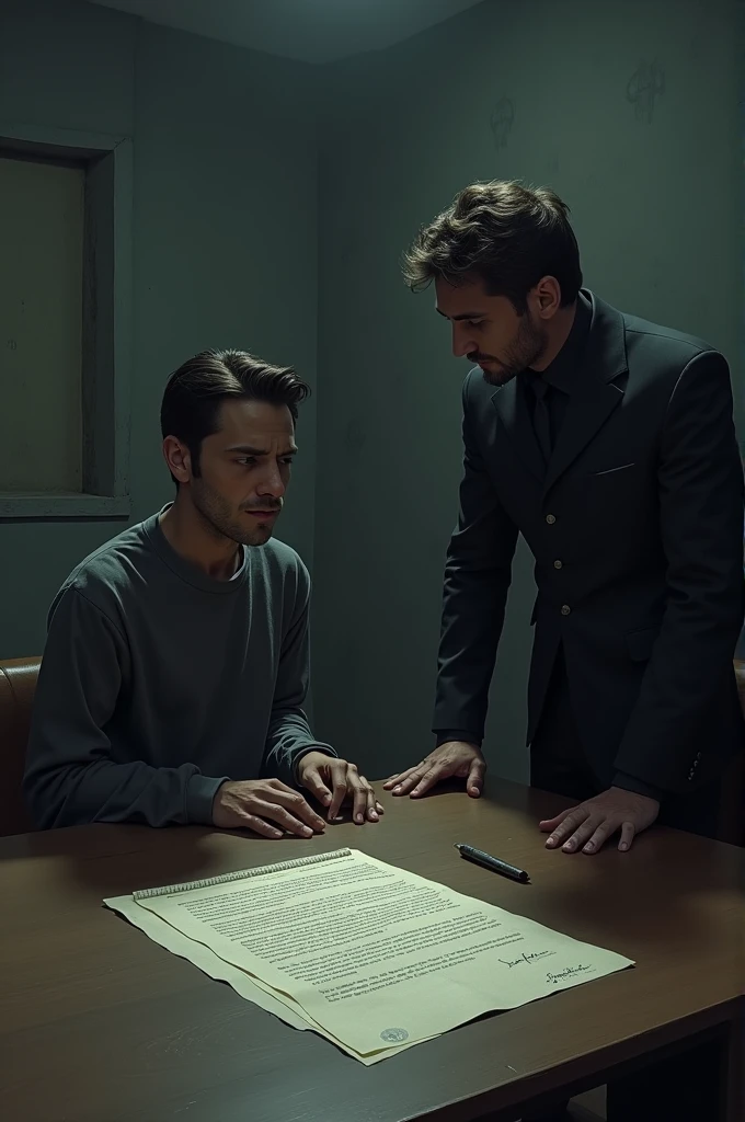 A person is being unlawfully detained and is seated at a table with a contract in front of them.
The figure detaining them is standing to the right of him near the door or exit, blocking any escape.