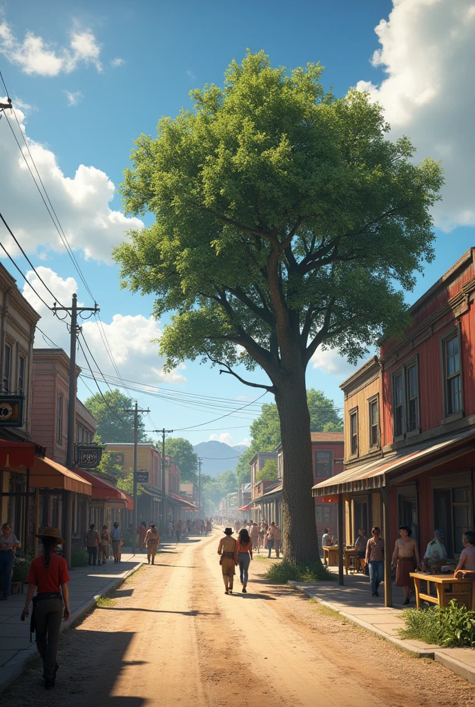 A Town, a tree side there, TIME - 10AM, Some People there, Season - summer, Color grading like Red Dead Redemption 2, 8k, Realistic