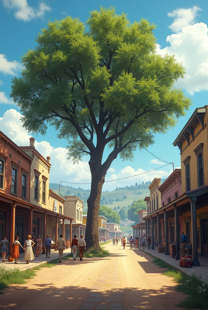 A Town, a tree side there, TIME - 10AM, Some People there, Season - summer, Color grading like Red Dead Redemption 2, 8k, Realistic