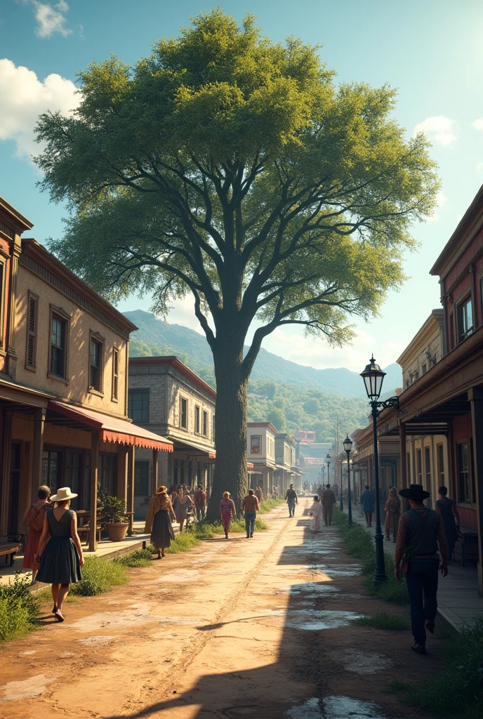 A Town, a tree side there, TIME - 10AM, Some People there, Season - summer, Color grading like Red Dead Redemption 2, 8k, Realistic