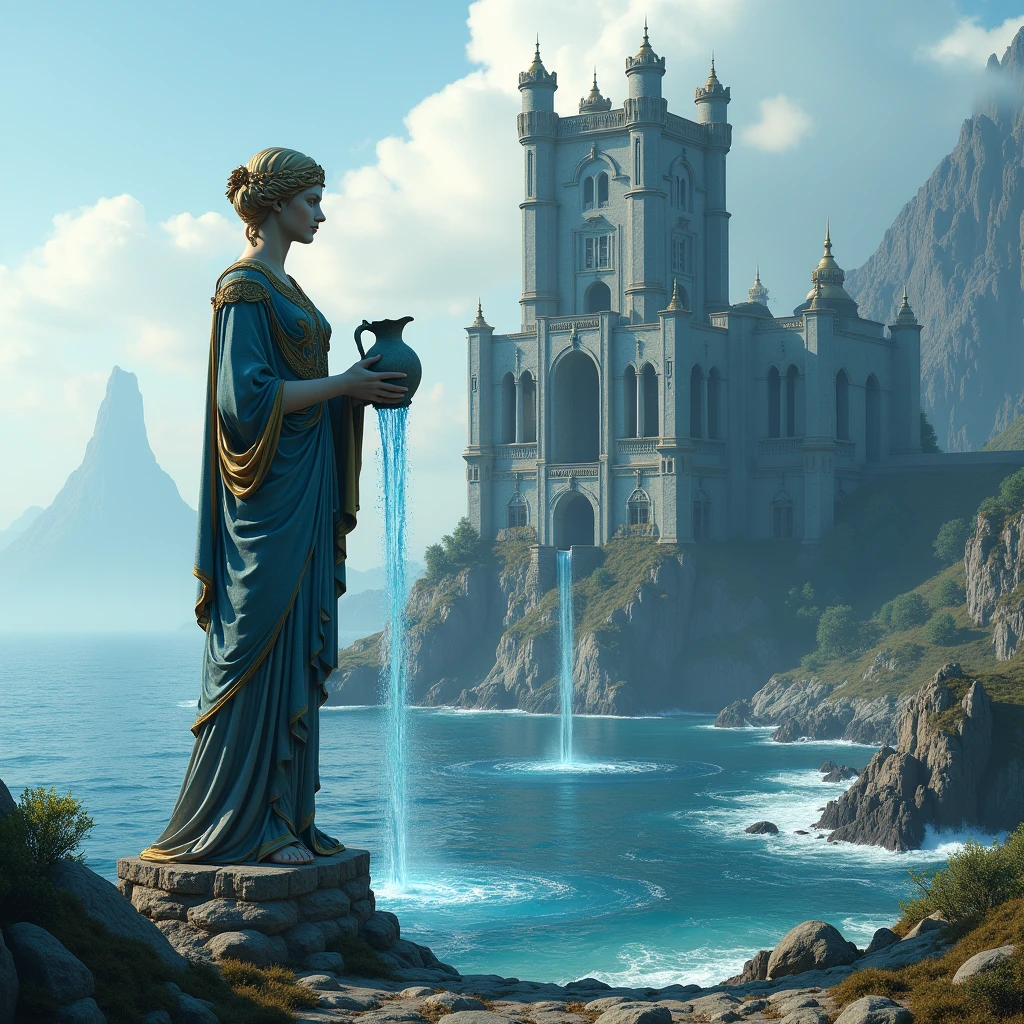 Make me an ultra realistic image. magic pen. Make a castle from ancient Valyra built of bluestone with gold details emerging from the sea. There is a statue of an ancient Greek woman facing the castle. the statue is holding a jug and water is falling from the jug. There are countless mountains and volcanoes behind.