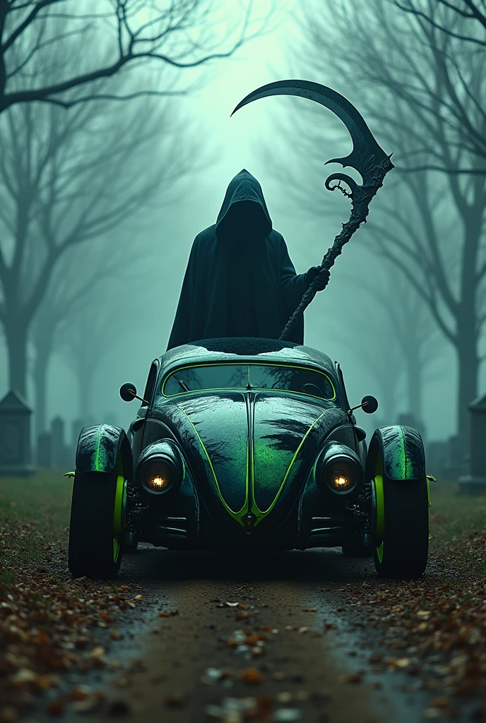 cinematic portrait magnificent art, close-up a black petroleum beetle chrome tuned paint chrome candy wide tires lime green chrome wheels mirrored glass graffiti skull necromancer in a hooded overcoat holding the sharp scythe of death, sharp focus, high contrast, dramatic luminosity, glith background gentle, haunted cemetery, serene, mist dry trees, wind blowing leaves, splendid magnificent night, high quality, best quality 