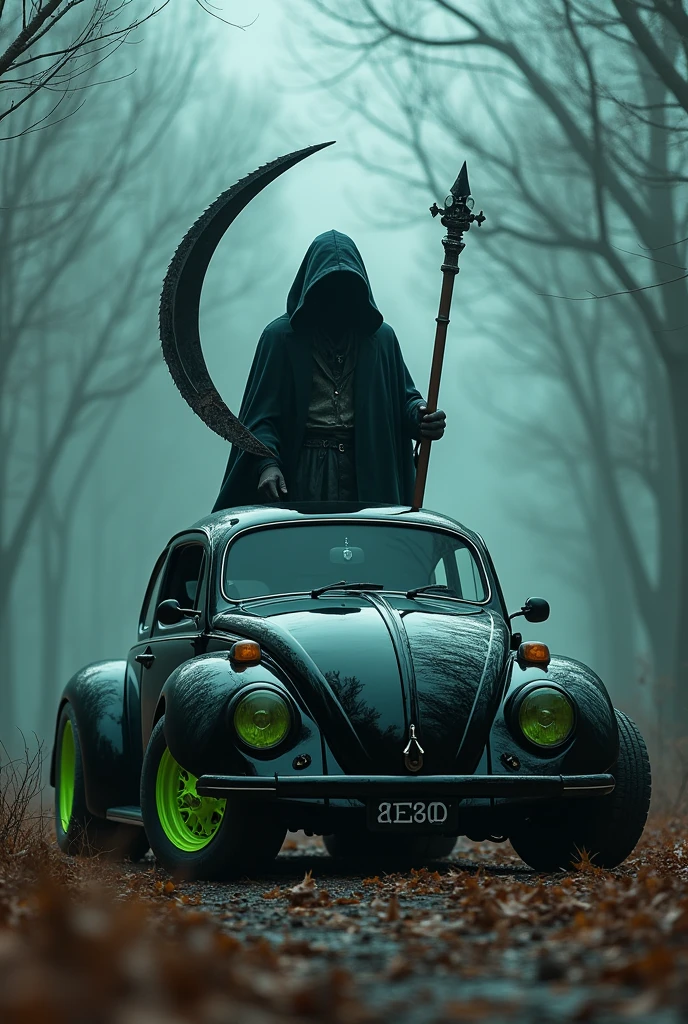 cinematic portrait magnificent art, close-up a black petroleum beetle chrome tuned paint chrome candy wide tires lime green chrome wheels mirrored glass graffiti skull necromancer in a hooded overcoat holding the sharp scythe of death, sharp focus, high contrast, dramatic luminosity, glith background gentle, haunted cemetery, serene, mist dry trees, wind blowing leaves, splendid magnificent night, high quality, best quality