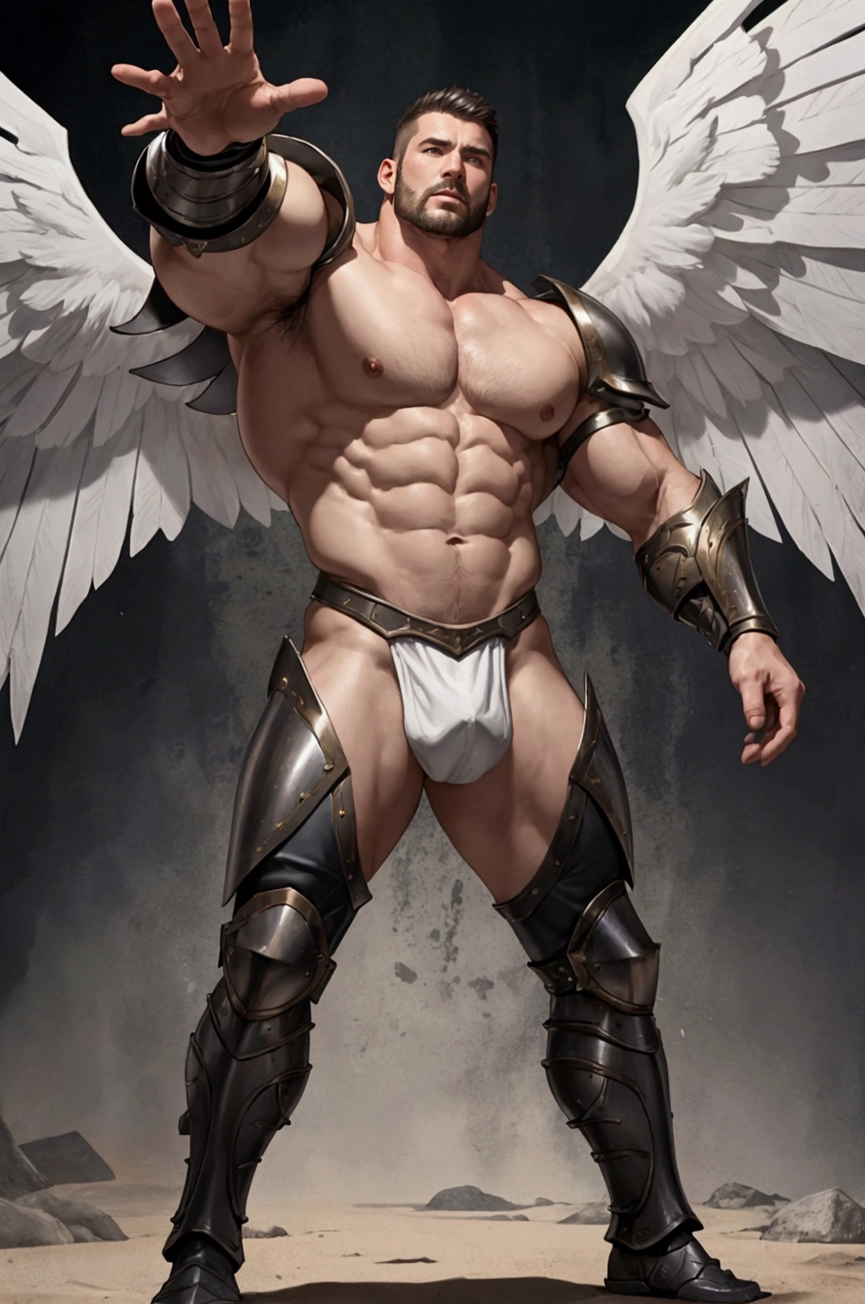 A short-haired, muscular man wearing leather armor with a full frontal view、Highest quality、With arms outstretched on the battlefield、It has large white wings、Pectoralis major、Abdominal muscles、Big macho man