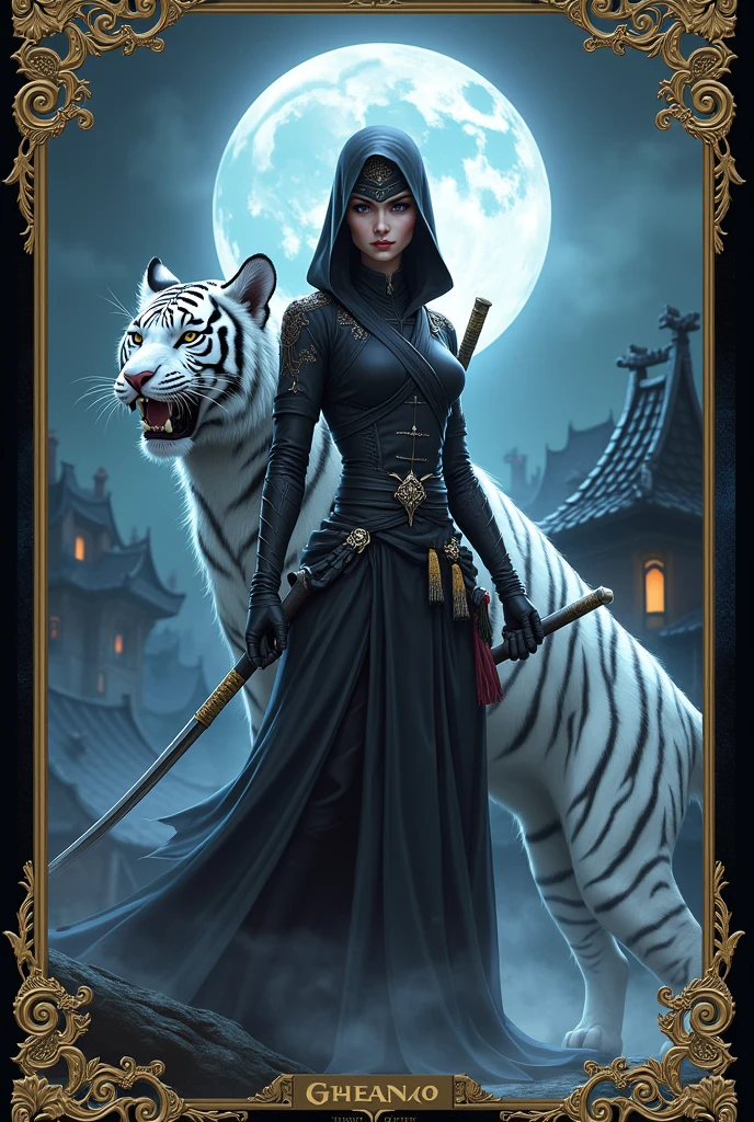 A Magic card, The Gathering. Containing the Card Name at the top, Its mana cost and Representing Yuriko, the Shadow of the Tiger,
A ninja assassin, with a guardian spirit of a white tiger.