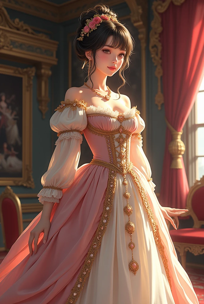 Japanese anime style. Woman. middle Ages. europe. fancy. overskirt. elsword. They are standing. all-body. from low.