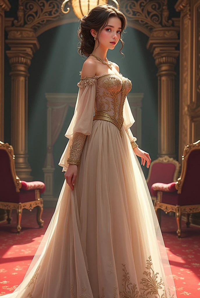 Japanese anime style. Woman. middle Ages. europe. fancy. overskirt. elsword. They are standing. all-body. from low.