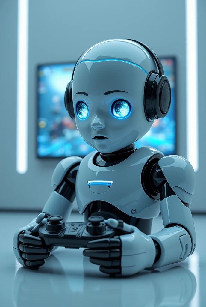 Robotic boy play video games on plain background 