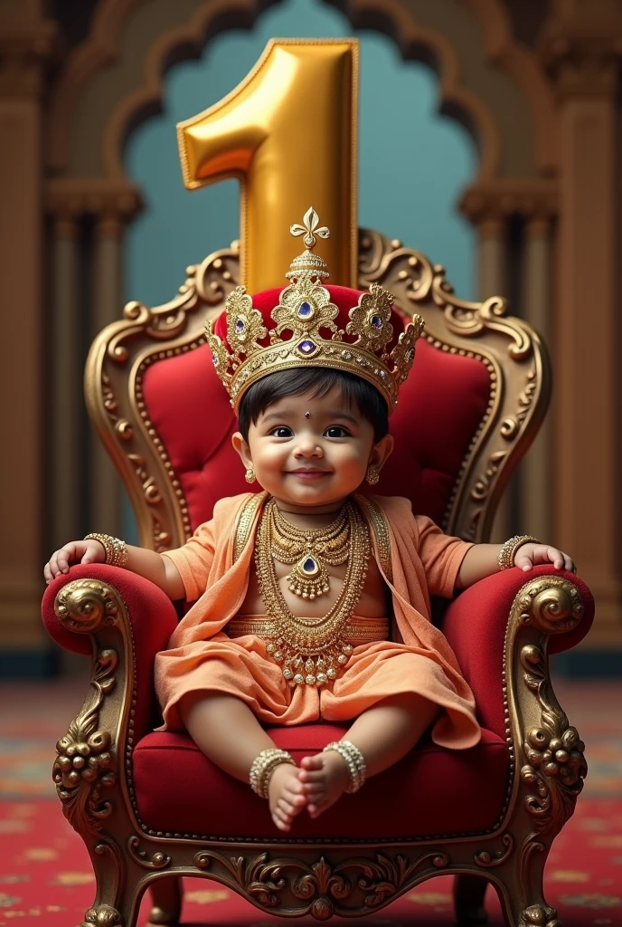 Realistic image of a 1 year old indian baby boy sitting on a grand throne, wearing royal outfits and ornaments, with a crown on his head, surreal and royal, oalace arch seen in the background, a large size '1' is seen behind the throne, image should be ultra clear, hyper realistic, high quality 4k , very grandeur pathway, vibrant and lustrous