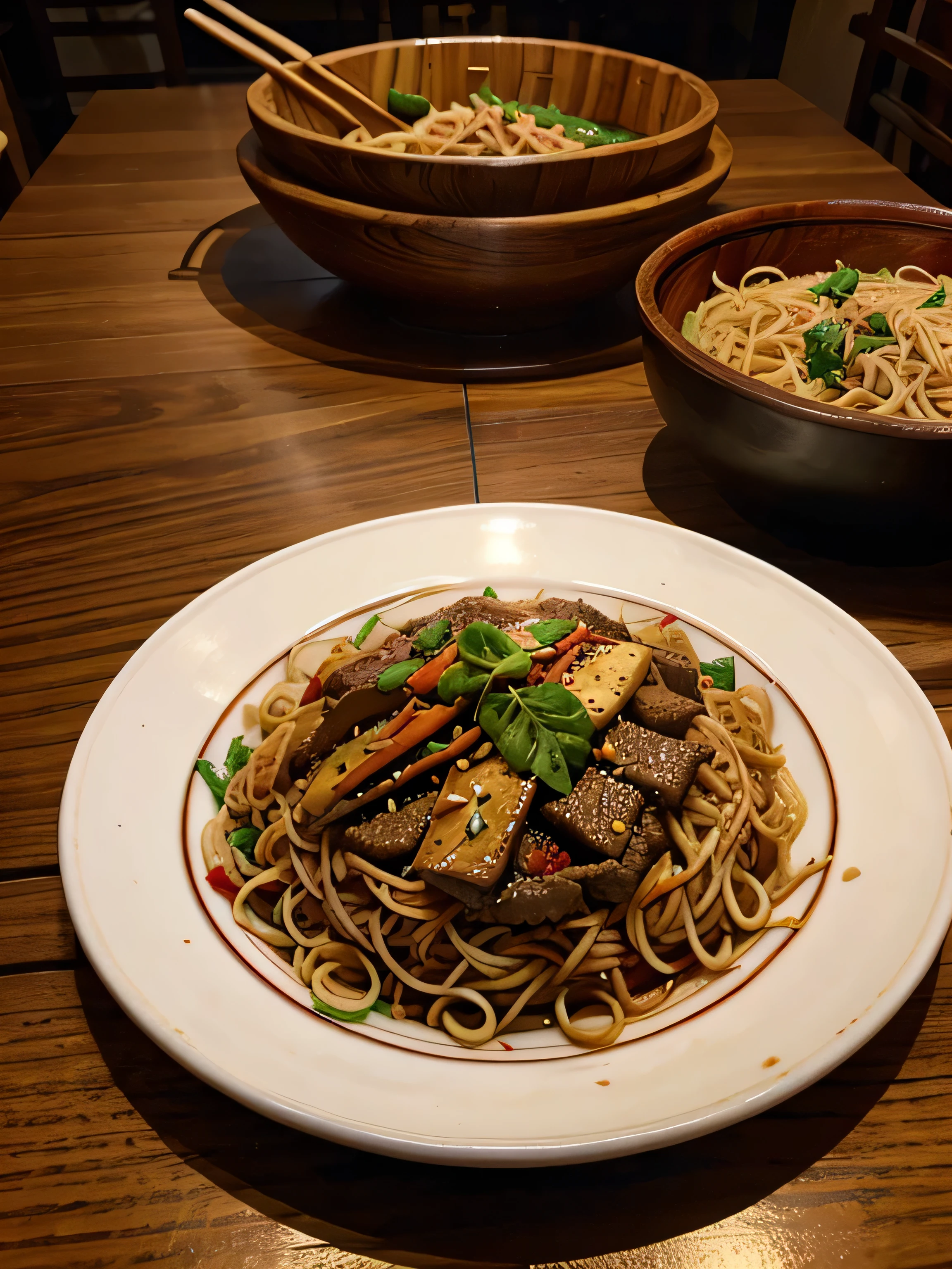 A plate of stir-fried beef noodles placed on a Chinese style wooden table