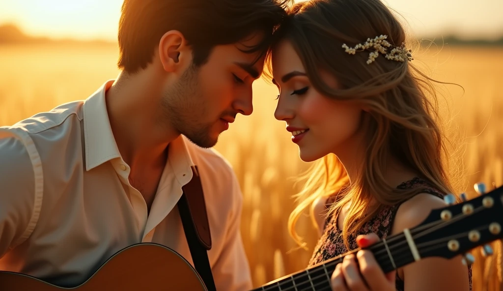 ((best quality)), ((masterpiece)), (detail), perfect face, close-up photo of a couple playing guitar in a in a barley field, shimmering and magical light, surreal photo, 8k, ultra high resolution, sharp face